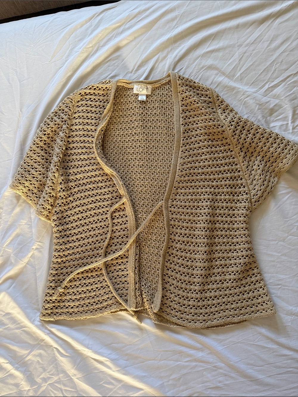 LOFT Beige Crochet Tie-Front Short Sleeve Cardigan